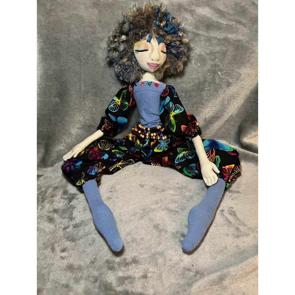 Handmade Whimsical Cloth Art Doll Butterfly Print Hand Painted Face 15 Inch